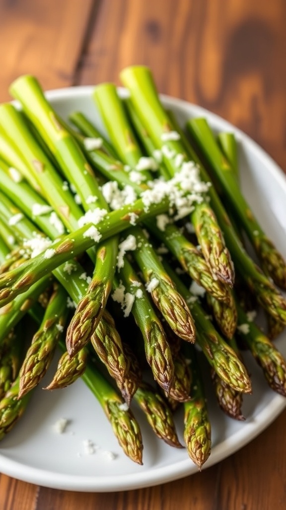 Crispy Air Fryer Asparagus Recipe Crispy air fryer asparagus garnished with Parmesan cheese on a rustic wooden table.